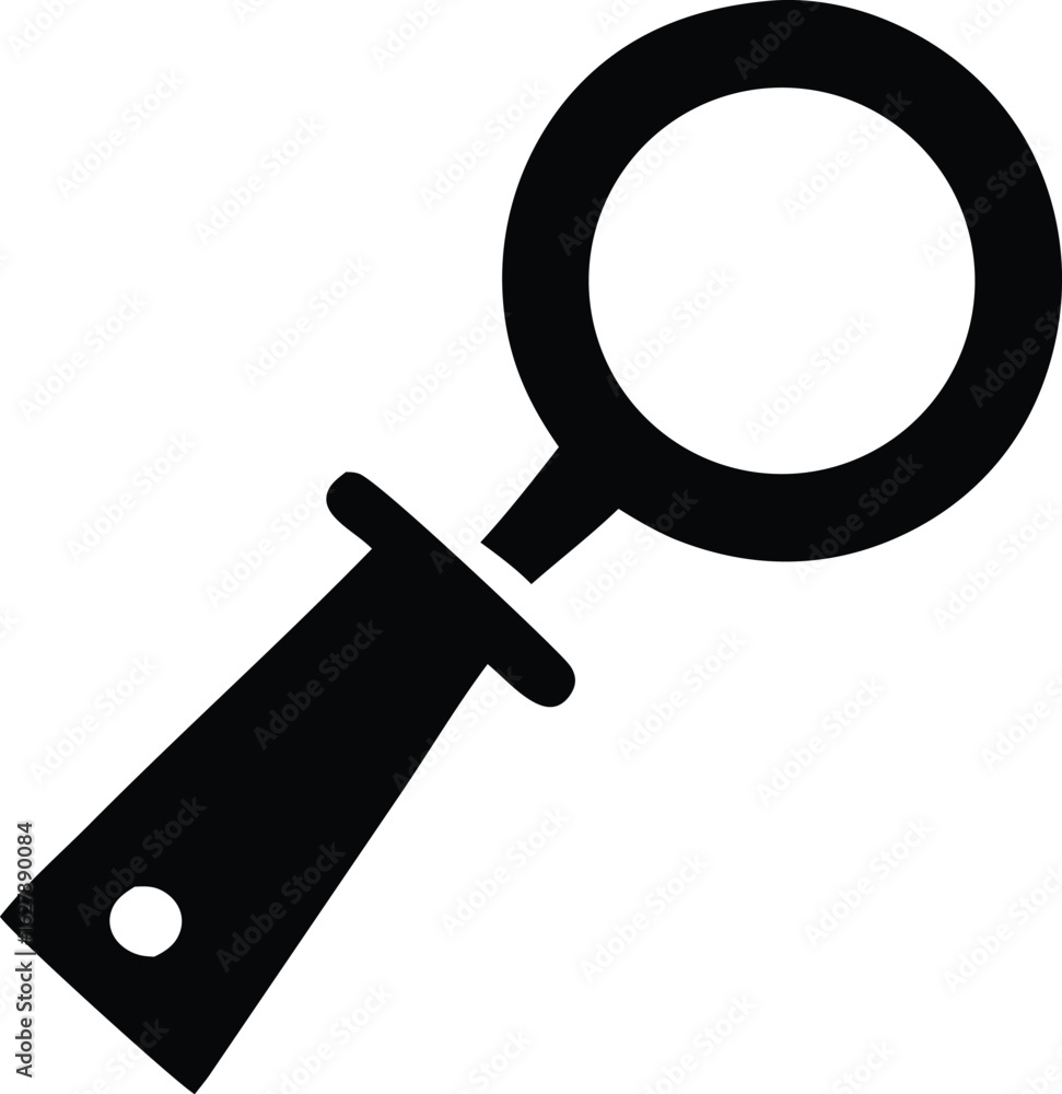 Poster a simple black silhouette icon representing a magnifying glass with a round lens and a solid handle 