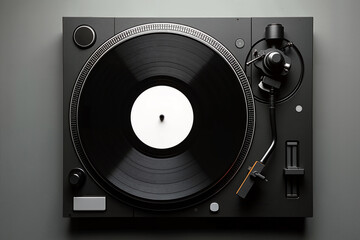 Fototapeta premium Vintage turntable record player with vinyl disc and tonearm on grey background for music entertainment concepts