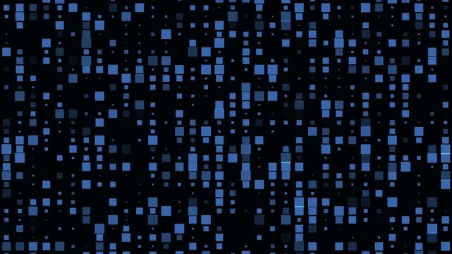 Looped animation of blue glowing squares forming a dynamic digital pattern. Futuristic tech grid background perfect for data visualizations, HUD elements, VJ loops, and UI motion design