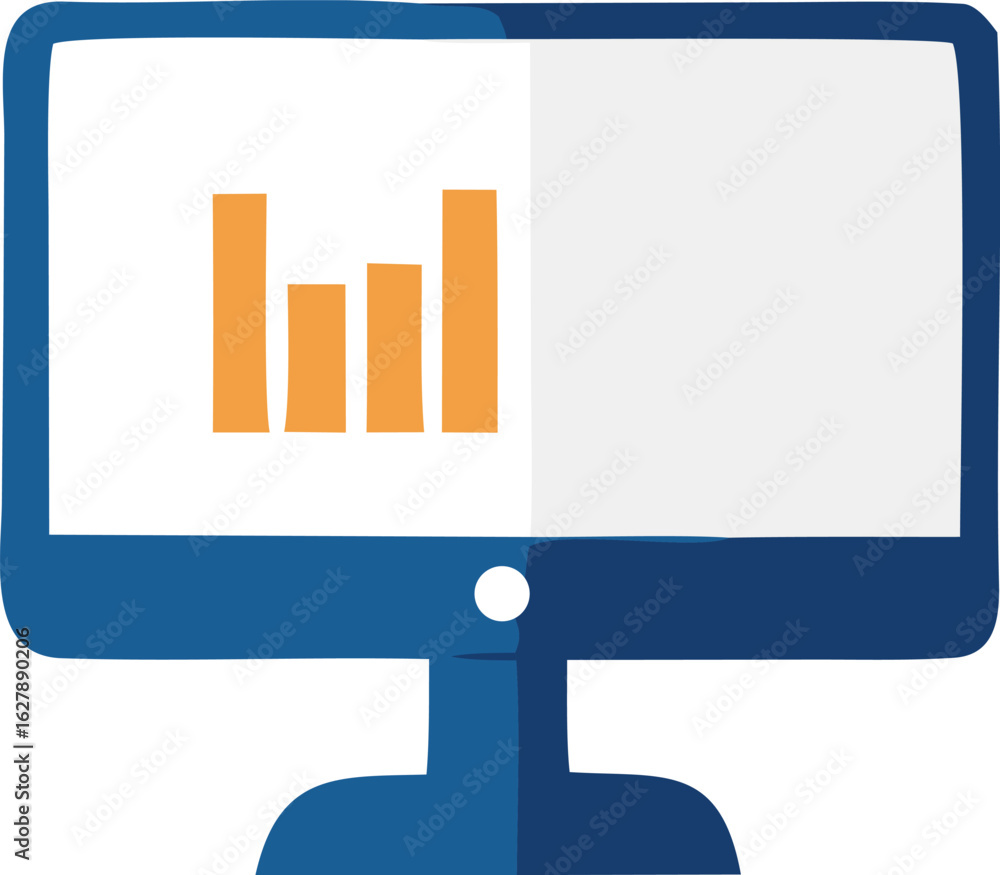 Poster modern computer monitor displaying an upward trending bar graph with orange bars on a white screen a