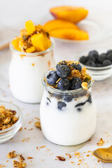 Healthy Gluten-Free Vegan Breakfast with Coconut Yogurt, Peach, Blueberries, and Homemade Muesli