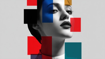 B&W face with colorful geometric shapes. Modern portrait with shades overlaying features