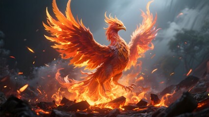 A majestic phoenix rises from fiery embers, its wings ablaze with radiant flames.
