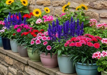 A colorful array of potted flowers lines a stone wall in a garden