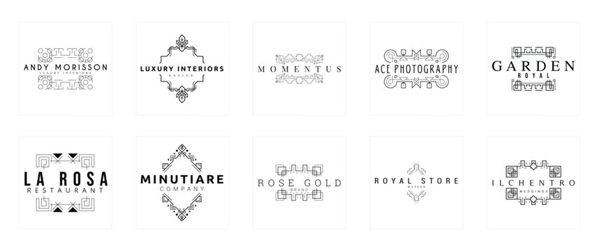 collection of decorative logos featuring unique monogram styles, ideal for branding, invitations, and elegant designs, emphasizing classic aesthetics and refined ornament details.