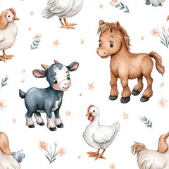Seamless Watercolor Pattern of Cute Farm Animals with Stars