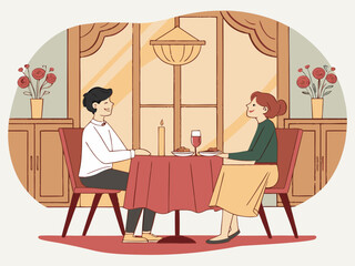 National Boyfriend Day Romantic Dinner Illustration A Couple Enjoying a Meal in a Restaurant