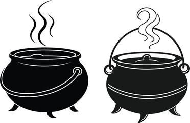 Black and White Witch Cauldron Silhouette Set with Steam for Halloween or Magical Potion Concept Isolated on White Background