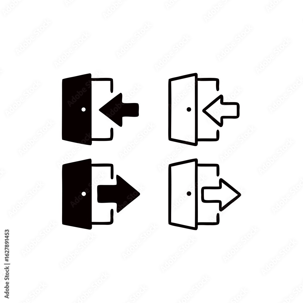Poster entry and exit points pictograms four variations presenting doors and arrows in contrasting designs 