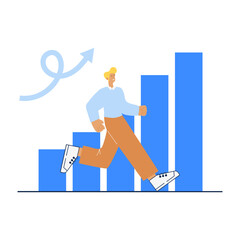 Dynamic businessman climbing upward growth bars, achieving success with an upward trend arrow symbolizing progress and ambition.