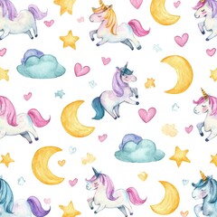 Fototapeta premium Playful Watercolor Unicorns Seamless Pattern for Fun Projects