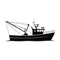 Silhouette of a fishing trawler boat on a white background