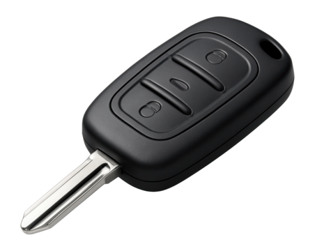 Black car key fob with buttons for locking and unlocking doors on transparent background.