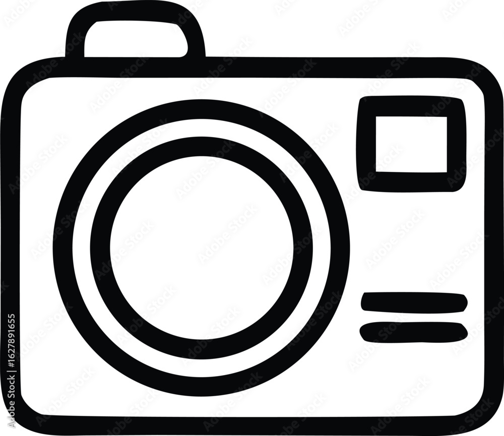 Poster simple line art icon of a vintage camera with a large lens and rectangular viewfinder on a white bac