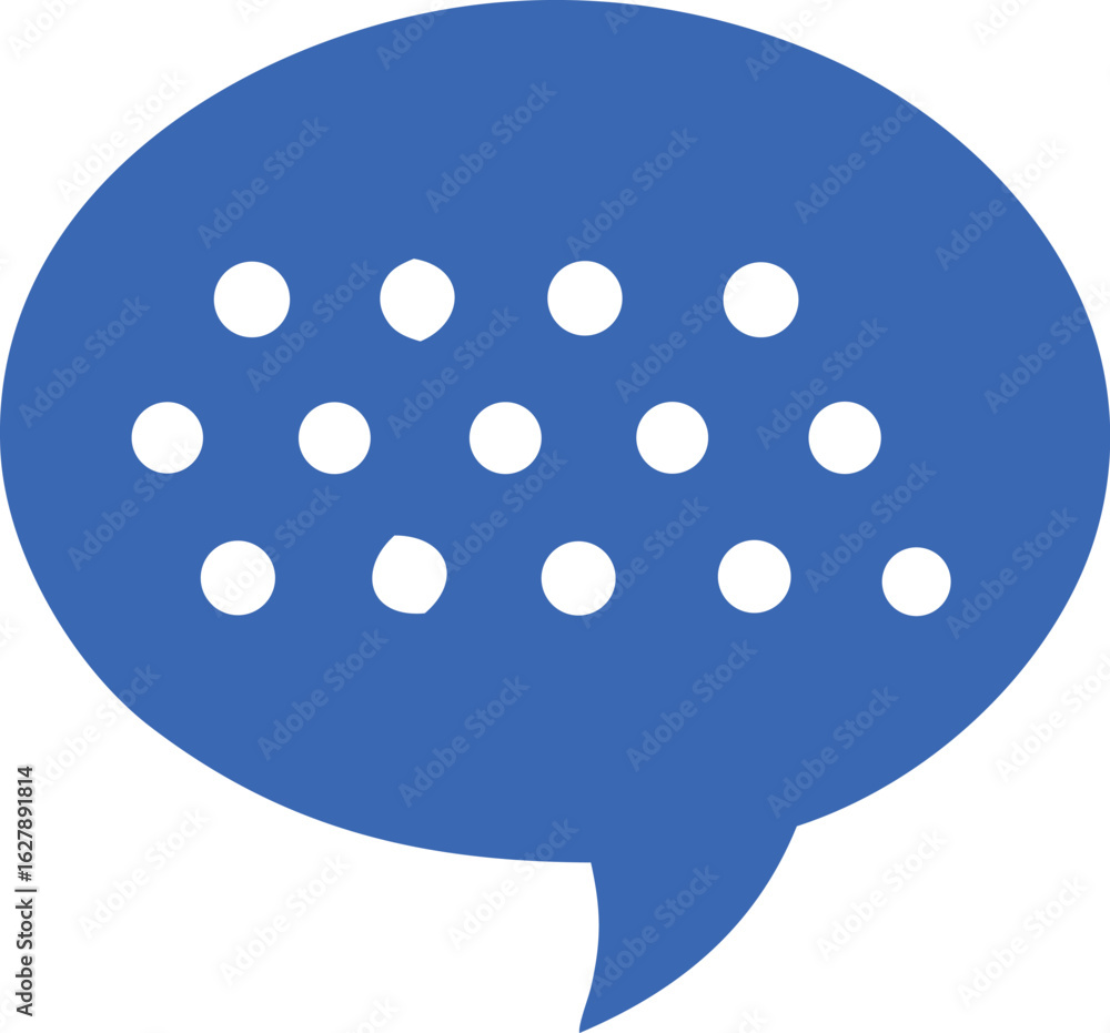Poster a simple modern blue speech bubble icon filled with a grid of white dots representing communication 
