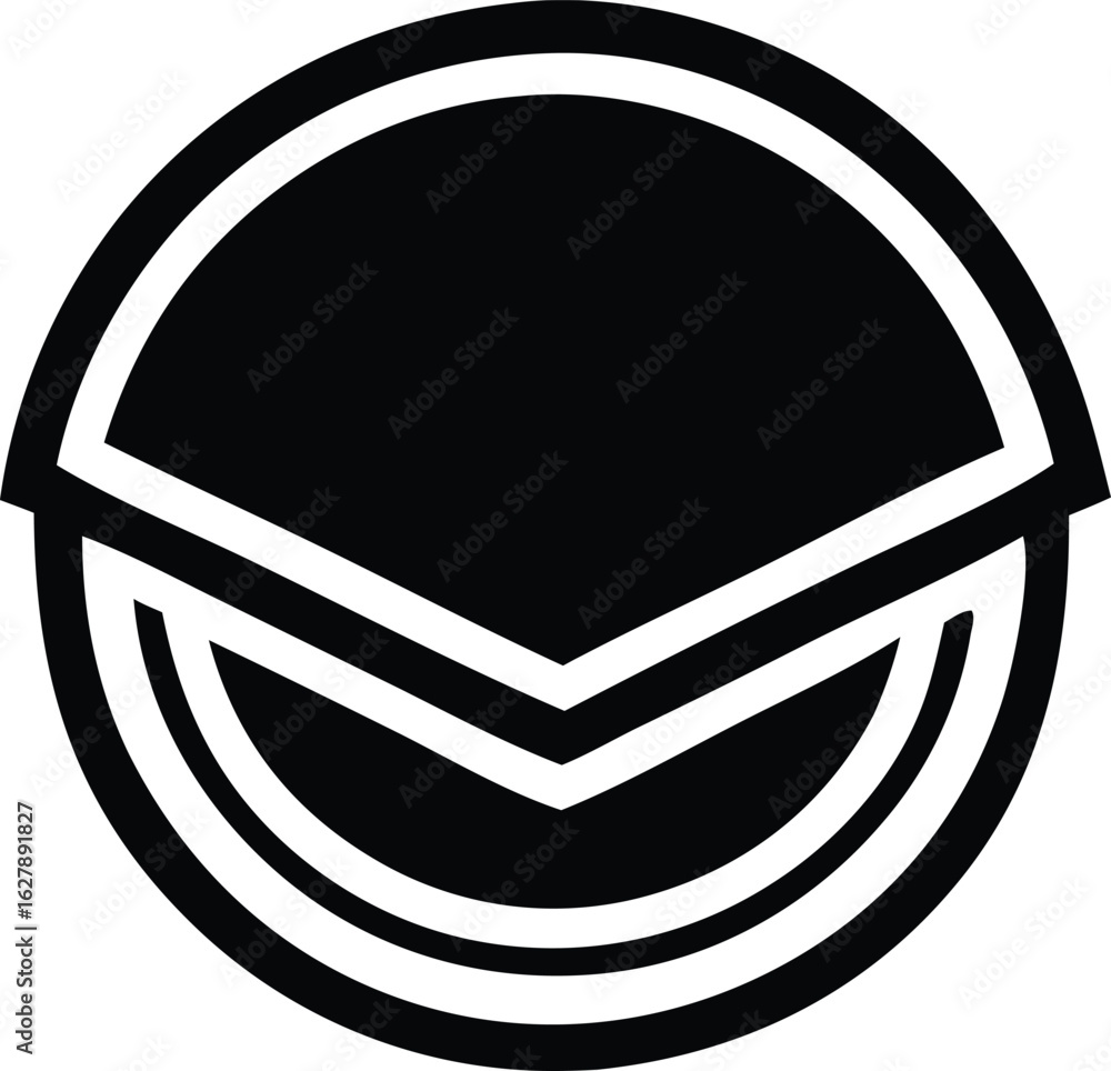 Poster abstract geometric circular emblem featuring a bold black upper half and a white chevron design with