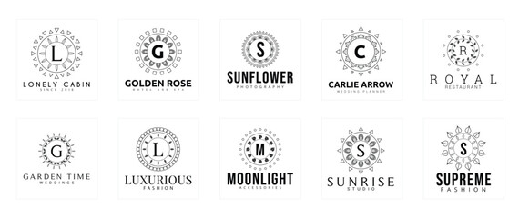 Set of circular logo designs featuring sun motifs, letters, and stylish typography ideal for branding.