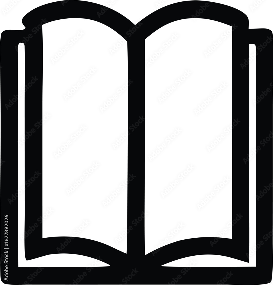 Poster a simple black outline icon of an open book with blank pages representing knowledge learning and lit