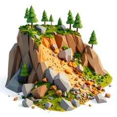 3d cartoon mountain slope with sliding rocks and broken trees falling downward, stylized landslide in semi-realistic 3d look, centered on white background.
