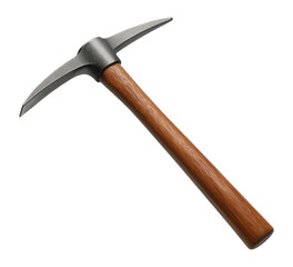 Robust pickaxe with a metal head and wooden handle on transparent background.