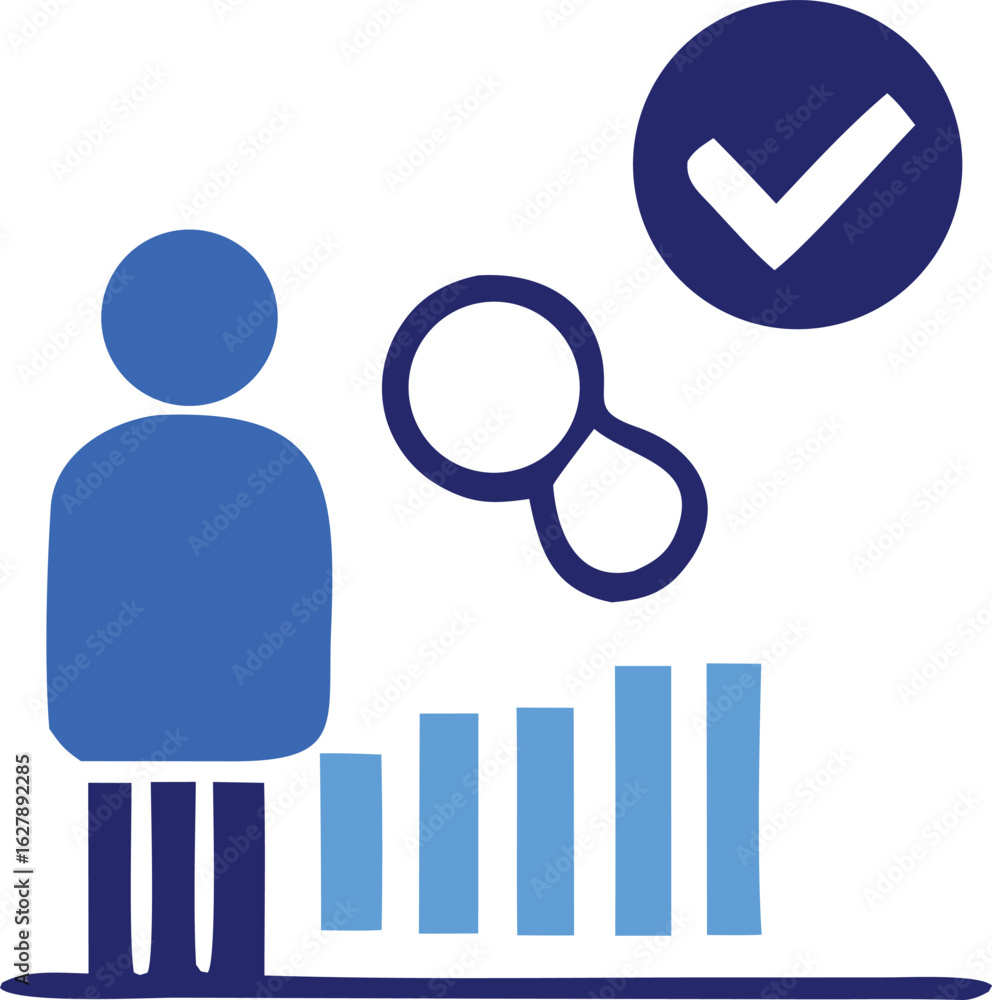 Poster business analytics concept showing a person standing next to a bar graph with a magnifying glass and