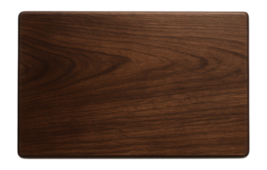 Rectangular wooden cutting board with rich grain patterns on transparent background.