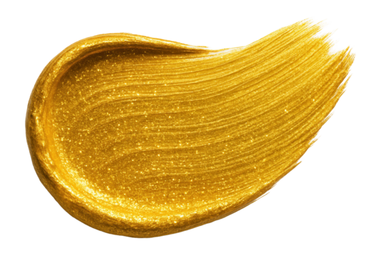 Smear of shimmering golden paint with a textured, glossy surface resembling metallic makeup on transparent background.