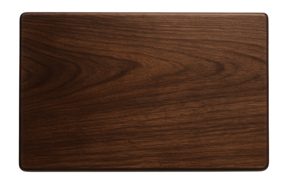 Rectangular wooden cutting board with rich grain patterns on transparent background.