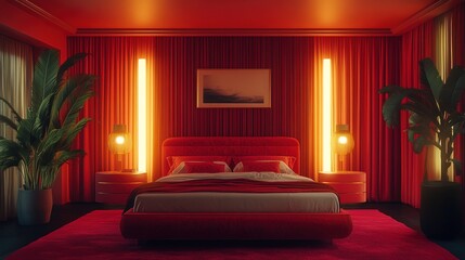 Luxurious Contemporary Red Themed Bedroom Interior Design with Plants and Lighting