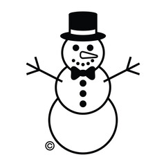 Simple black and white illustration of a friendly snowman wearing a top hat and bow tie