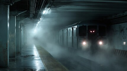 Fototapeta premium Mysterious subway train emerges from fog on a dark platform