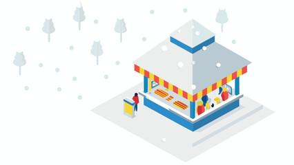 Isometric illustration of a winter food stall with trees and snow falling around the scene view