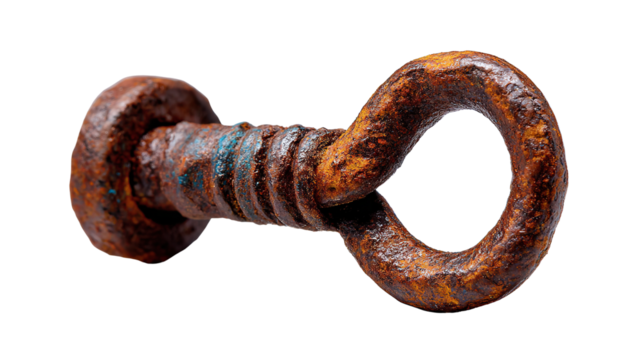 Rusty Bolt Closeup: A detailed studio shot showcasing a heavily rusted, eye-bolt with a raw, industrial aesthetic, highlighting the textures and colors of age and decay.