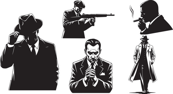Vector set of mafia silhouettes including classic mobster poses, gangsters with suits, hats, guns, and cigars. Ideal for crime themes, noir-style artwork, retro posters, and character designs.