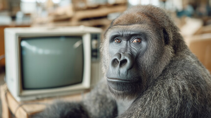 gorilla with old tube tv television set