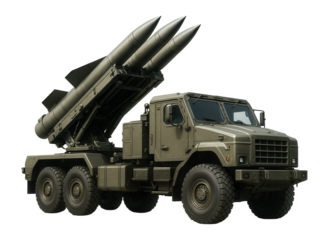 Military missile launcher vehicle equipped with three large missiles on transparent background.
