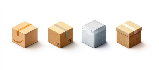 Four isometric cardboard boxes, three brown and one gray, on a white background.  Each box has a horizontal tape. One brown box has a logo