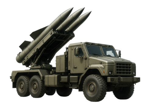 Military missile launcher vehicle equipped with three large missiles on transparent background.