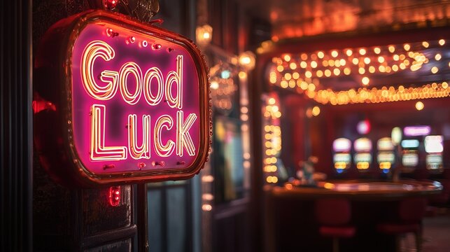 Retro Neon Good Luck Sign Display at Gambling Casino Bar