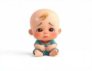3D Cartoon Crying Child Sitting Alone on White Background &ndash; High Quality Render