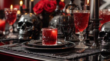 Spooky halloween table setting with red drinks and skulls