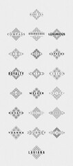 A set of minimalist logo designs, showcasing geometric patterns and floral motifs. Ideal for branding concepts or as template