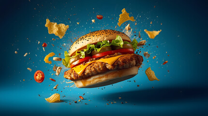 Grilled beef hamburger with cheese, lettuce, and tomato, isolated on a white background, in a fast food illustration