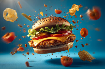 Cheeseburger illustration, grilled patty with sesame seed bun, lettuce, and tomato, with a surprised octopus with blue eyes peeking out