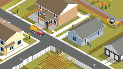 Naklejka premium Isometric view of a suburban neighborhood with houses roads vehicles and people in a community scene