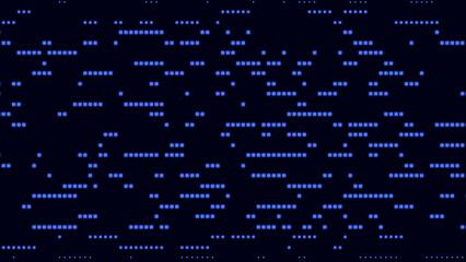Looped animation of glowing blue pixel dots on dark background forming abstract digital pattern. Futuristic minimal tech code grid with dynamic rhythm. Morse-inspired cyber data visualization