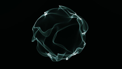 Abstract translucent smoke sphere with soft flowing curves and glowing edges on black background....