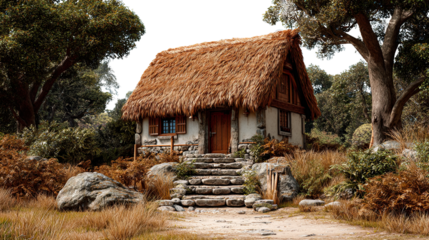 Rustic Hut in Nature's Embrace: An idyllic cottage, nestled amidst nature, showcases natural materials and evokes tranquility and comfort.