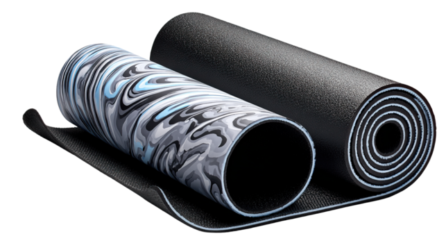 Yoga and Fitness Essentials: A close-up shot features rolled yoga mats, one with a sleek black surface, while the other is decorated with a unique patterned design, ready for mindful exercise.