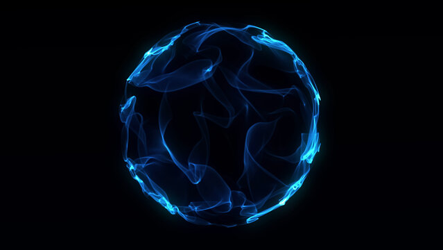 Blue glowing fluid sphere with flowing smoky edges on black background. Abstract futuristic energy orb made of light and motion waves. Sci-fi holographic 3D plasma shape in digital style